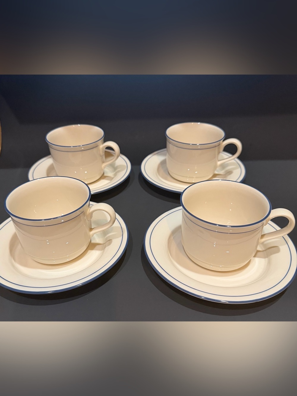 Set of 4 Lenox ChinaStone 'Blue Pinstripes' Teacup & Saucer Sets porcelain 
.